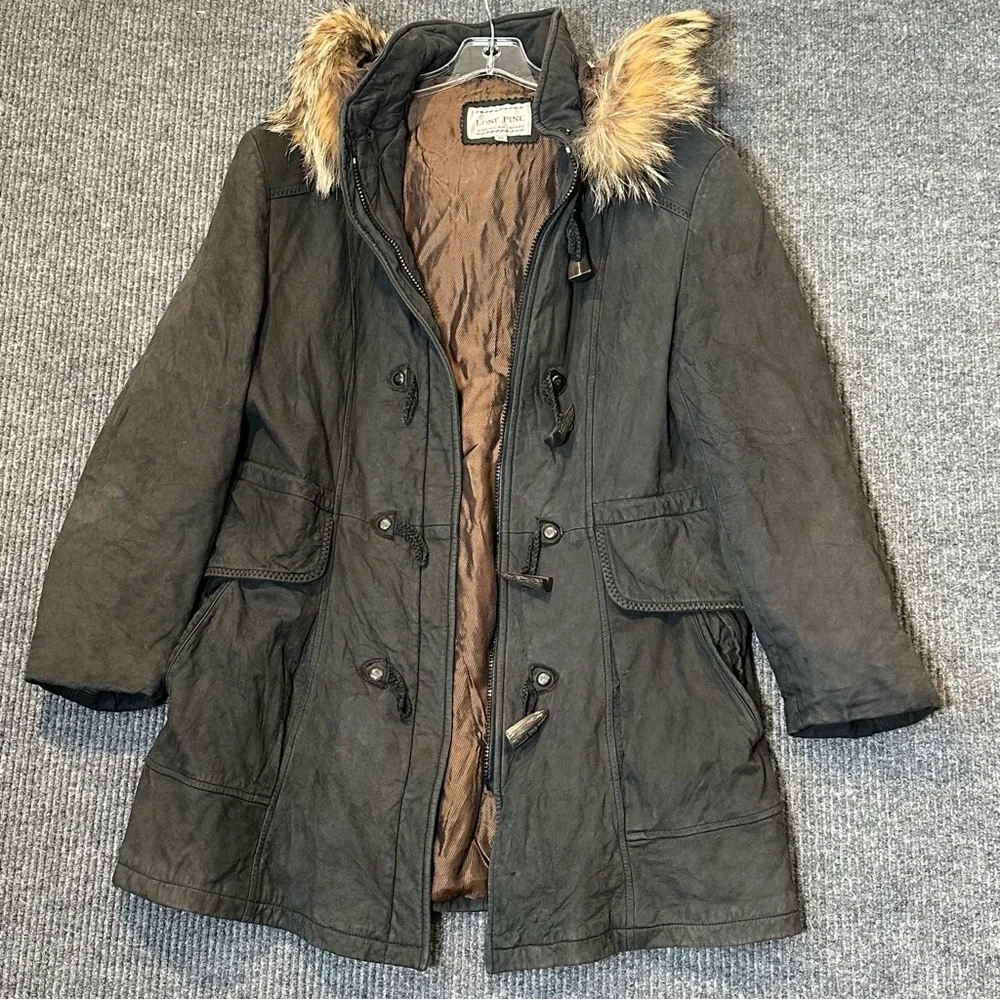 Lone Pine Leather Duffle Coat Women's M Coyote Fur Hood Toggle USA Made Vintage - Picture 13 of 13